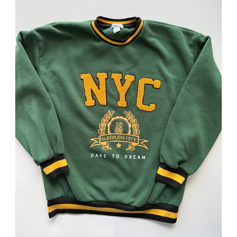 Retro‎ Style NYC Crewneck Sweatshirt Small Green Gold Varsity Letters Academia